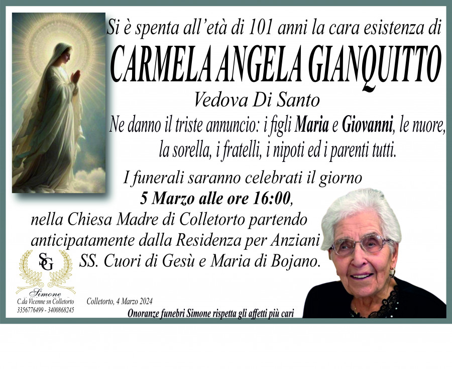 Necrologi.Today - CARMELA ANGELA GIANQUITTO (VED. DI SANTO)