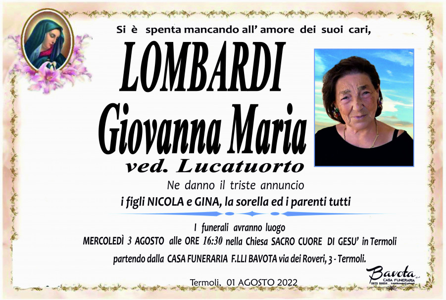 Necrologi.Today - Annuncio: Giovanna Maria Lombardi Ved. Lucatuorto