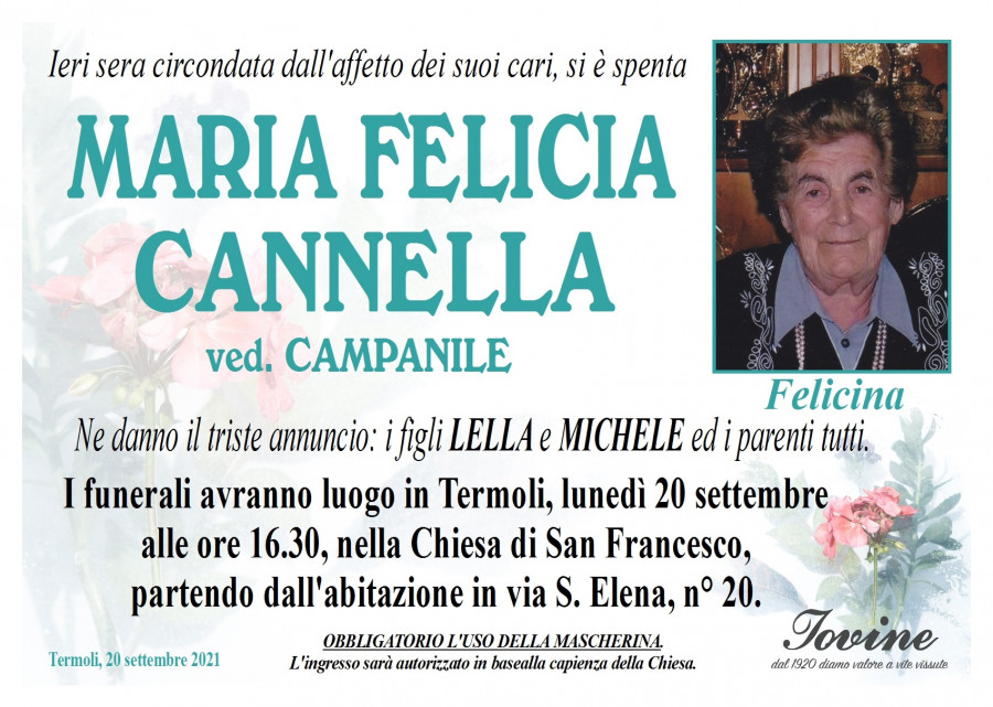 Necrologi.Today - Annuncio: MARIA FELICIA CANNELLA